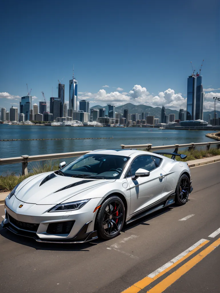 A silver sports car is parked on a road with a cityscape in the background. The car is sleek and stylish, with a low profile and a long hood. It has a spoiler on the back and a large air intake on the front. The cityscape is made up of tall buildings and skyscrapers, and there is a body of water in the foreground. The sky is blue and there are some clouds in the distance.