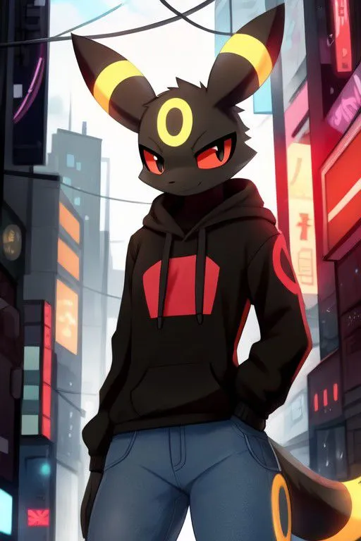 The image is of a humanoid creature with the head of an Umbreon, a Pokemon. It is wearing a black hoodie with a red symbol on the front and blue jeans. It is standing in a city street with tall buildings and neon lights. The creature is looking at the viewer with a serious expression.