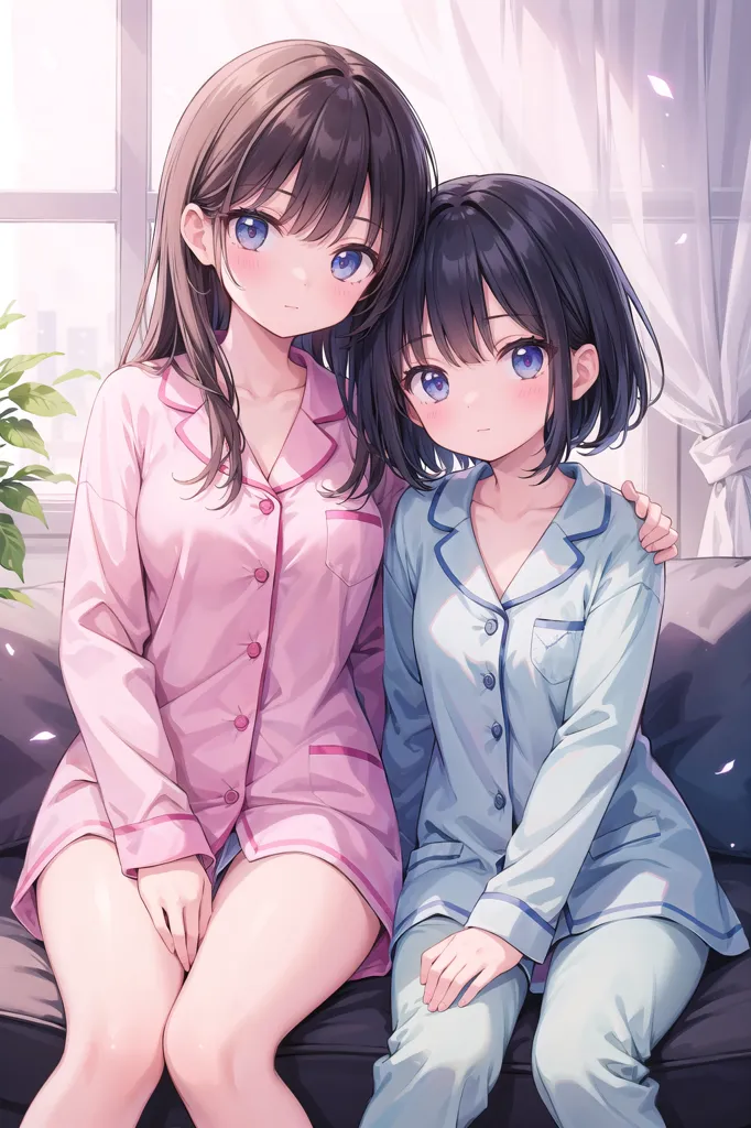 Two young girls in their pajamas are sitting on a couch. The girl on the left is wearing a pink pajama top with matching shorts. She has long brown hair and blue eyes. She is smiling and has her arm around the girl on the right. The girl on the right is wearing a blue pajama top with matching pants. She has short black hair and blue eyes. She is also smiling and has her arm around the girl on the left. There is a plant in the background.