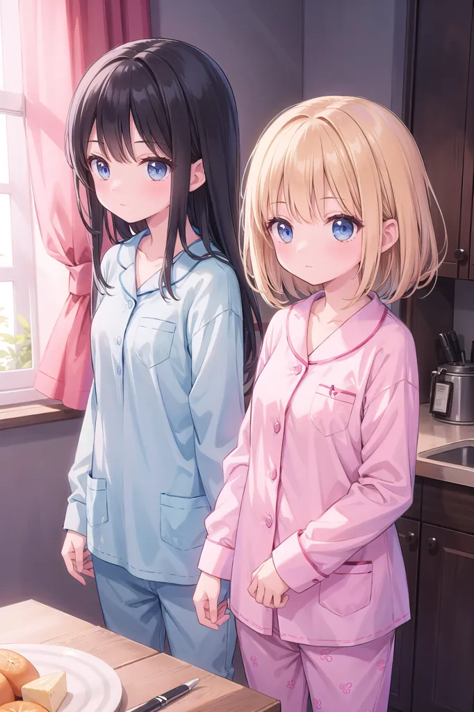 Two young girls in their pajamas are standing in a kitchen. The girl on the left has long black hair and is wearing a blue pajama top and pants. The girl on the right has short blonde hair and is wearing a pink pajama top and pants. They are both looking at the viewer with shy smiles on their faces.