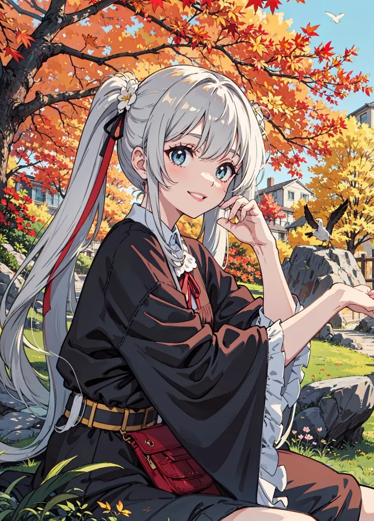 The image is a painting of a young woman with long white hair and blue eyes. She is wearing a black kimono with a red obi and a white haori. Her hair is tied up in twin ponytails and she has a small red bag hanging from her shoulder. She is sitting on a rock in a garden, surrounded by trees and flowers. A bird is perched on a nearby rock. The background is a blur of autumn leaves.