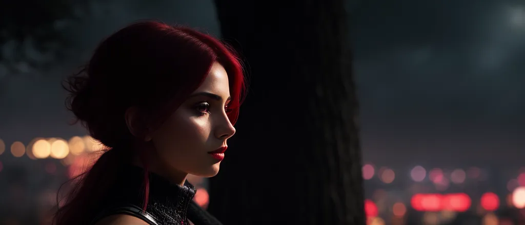 This is a picture of a woman with red hair. She is turned to the side so that we can see her profile. She is wearing a black leather outfit. The background is dark, but there are some blurry lights in the distance. The woman's expression is serious and thoughtful.