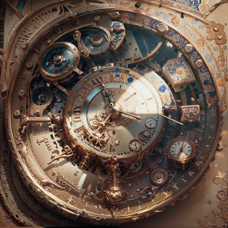 The image is a close-up of a golden mechanical clock. The clock is round and has a white dial with Roman numerals. The clock is surrounded by intricate gears and other mechanical parts. The clock is made of brass and has a shiny, reflective surface. The clock is mounted on a wooden base. The clock is surrounded by a frame with floral designs.