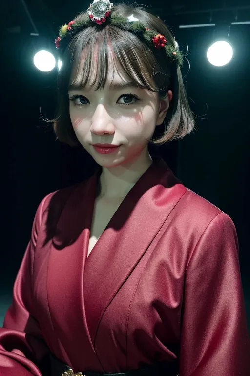 This is a picture of a young woman with short brown hair and bangs. She is wearing a red kimono with a white obi and has a flower wreath on her head. The background is black with three spotlights shining down on her.