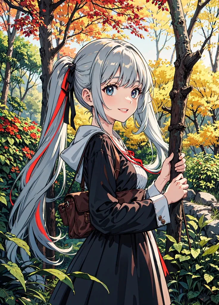 The image is a beautiful anime-style drawing of a young girl with long silver hair and blue eyes. She is wearing a black sailor-style school uniform with a red ribbon at the collar and a brown bag over her shoulder. She is standing in a forest, leaning on a tree branch with a smile on her face. The trees are in full bloom, with red and yellow leaves. The forest floor is covered in green grass and flowers. The image is very detailed, with the girl's hair and clothes being particularly well-rendered. The colors are also very vibrant, giving the image a very lifelike appearance. Overall, the image is a beautiful and well-done piece of art.