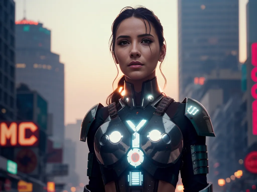 The image shows a young woman standing in a city. She is wearing a futuristic suit of armor. The armor is black and gray, and it has a Y-shaped design on the chest. The woman has long brown hair and brown eyes. She is looking at the viewer with a serious expression. The city is in the background, and it is out of focus. There are tall buildings and a lot of traffic. The sky is orange, and it looks like the sun is setting.