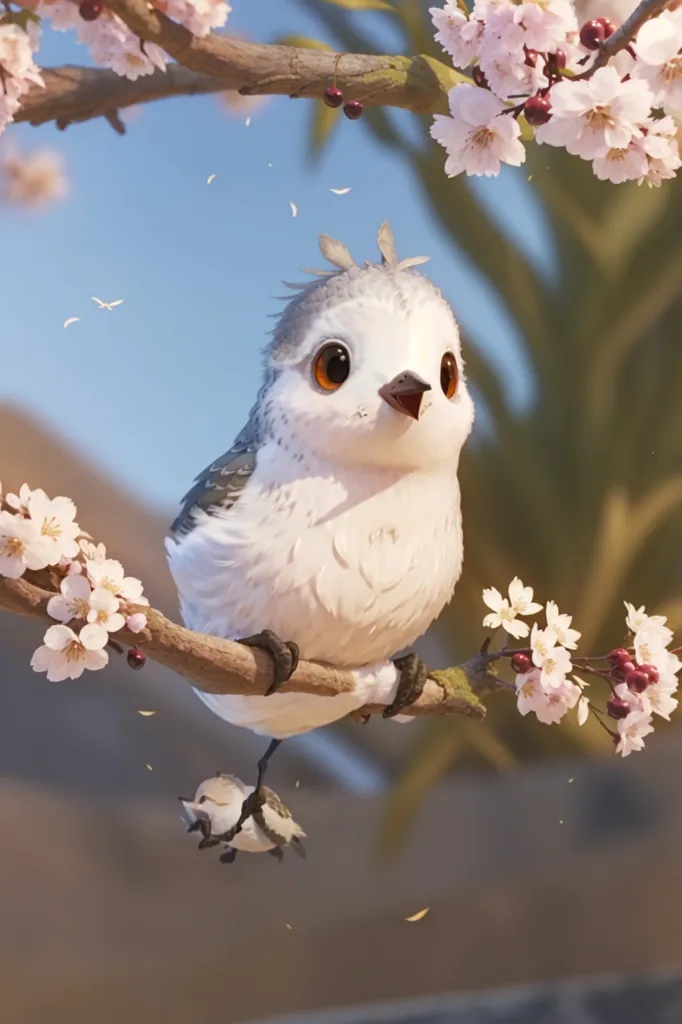 The image shows a small, fluffy, white bird with a light gray belly and a crest of light gray feathers on its head. It has large, round, black eyes and a tiny, black beak. It is perched on a branch of a tree, which is covered in delicate pink and white flowers. The bird is facing the viewer with a curious expression on its face.