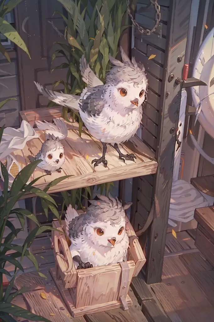 The image is of three owls in a room. The owls are all white with grey feathers on their heads and brown eyes. The owls are sitting on a wooden shelf and in a wooden box. The shelf is decorated with green plants. The room is lit by a warm light.