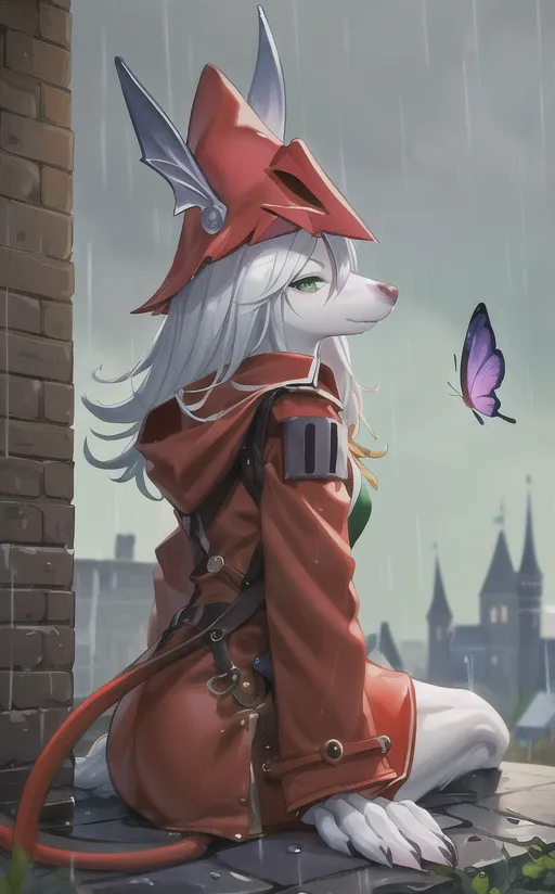 The image is of a white furry creature with long ears and a red hat. It is wearing a red coat and has a purple butterfly on its shoulder. The creature is sitting on a ledge with a cityscape in the background. It is raining in the image and the creature's hair is wet.