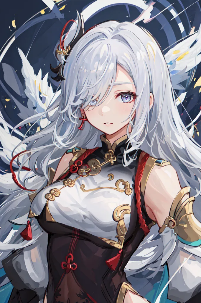 The picture shows a girl with long white hair and purple eyes. She is wearing a white and red cheongsam, and there are some red and gold accessories on her clothes. There are also some white and blue feathers around her. The girl has a sad expression on her face, and she seems to be looking at something or someone. The background of the picture is dark, with some bright lights in the distance.