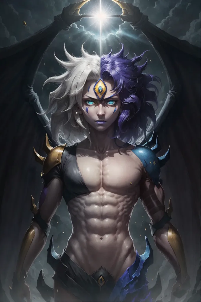 This is an image of a muscular, shirtless man with long white and purple hair. He is wearing black pants and gold and blue armor on his arms and shoulders. He has a glowing blue eye on his forehead and is surrounded by a dark background with a bright light in the top center.