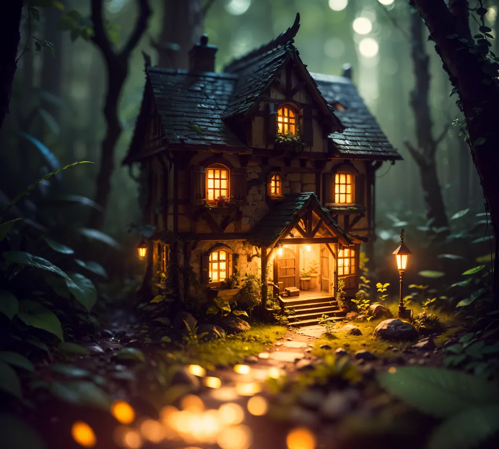 The image is a digital painting of a small, cozy cottage in the middle of a forest. The cottage is made of wood and has a thatched roof. It has a small porch with a bench and a door that is open. There are two windows on the front of the cottage and one on the side. There is a path leading up to the cottage that is lit by a lantern. The forest is full of tall trees and lush vegetation. The leaves on the trees are a deep green and the grass is a rich emerald. The sun is shining through the trees and creating a dappled pattern on the ground. The overall mood of the image is one of peace and tranquility.