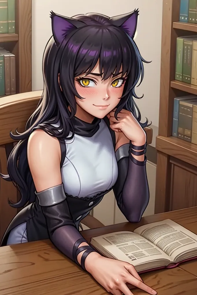 The image is of a young woman with black hair and yellow eyes. She is wearing a white and black dress with a cat-like hood. She is sitting in a library, reading a book. She has a confident smile on her face.