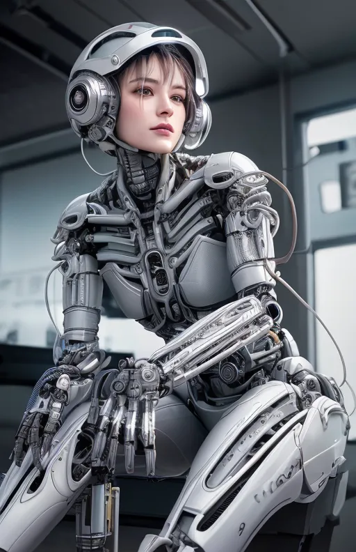 The image depicts a female gynoid with light grey skin and dark hair. She is wearing a silver-colored bodysuit with various mechanical components exposed. She is also wearing a helmet with a visor. She is sitting on a bench in what appears to be a high-tech facility.