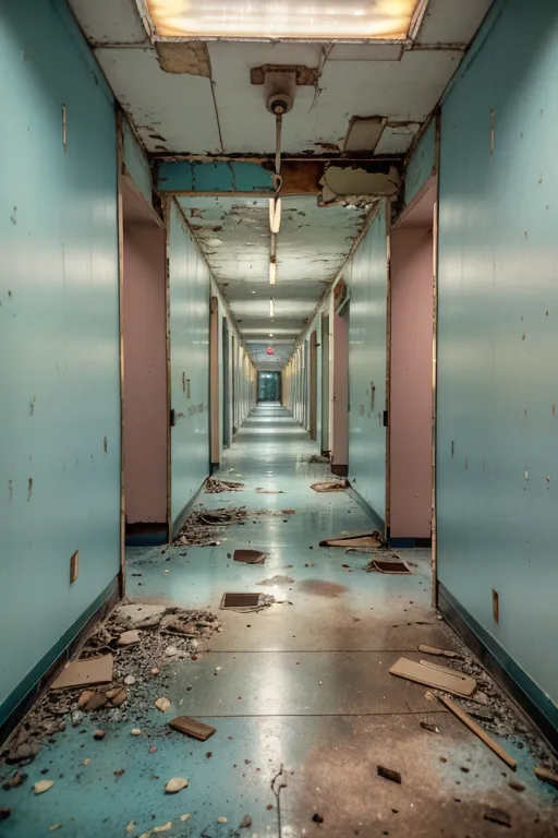 A imagem mostra um corredor de hospital abandonado. As paredes são pintadas em azul claro, com algumas partes da tinta descascando. O chão está coberto de detritos, e há telhas de teto quebradas no chão também. O corredor é iluminado por uma única luminária. As portas de ambos os lados do corredor estão fechadas. O ambiente geral da imagem é de desolação e negligência.