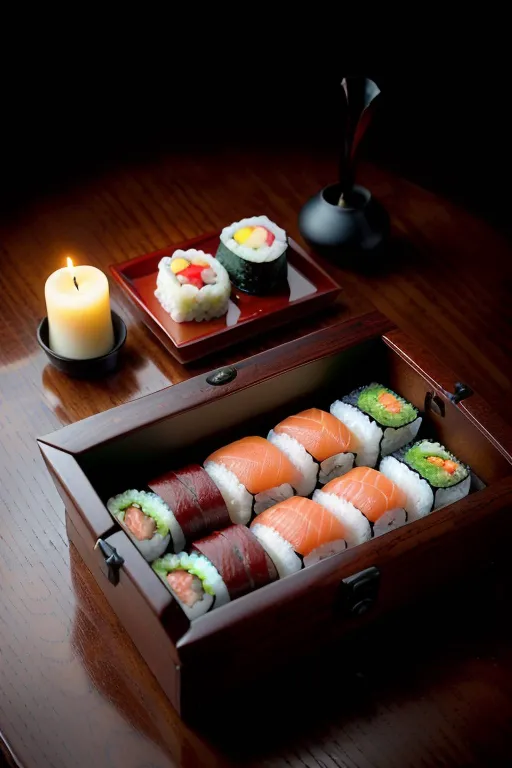 The image is of a wooden box filled with sushi. The box is open, and the sushi is arranged in a neat and orderly fashion. There are two pieces of sushi on top of the box. The sushi is made with different types of fish, including salmon, tuna, and eel. There is also a small bowl of soy sauce and a pair of chopsticks on the table. A candle is burning in the background. The image is taken from a low angle, which makes the sushi look even more delicious.