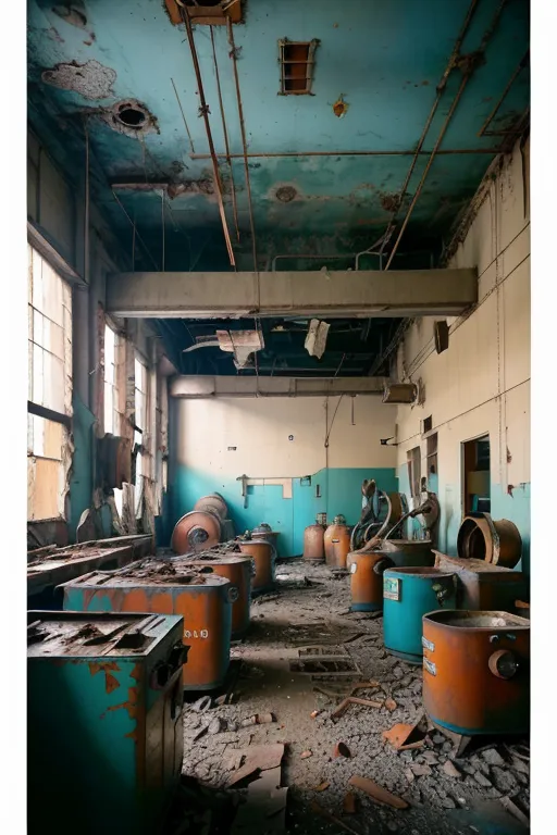 La imagen muestra un edificio industrial abandonado. La habitación es grande y tiene un techo alto. Hay varias máquinas grandes en la habitación, todas cubiertas de polvo y escombros. Las paredes están pintadas de un color azul claro y el techo de un color azul oscuro. El piso está cubierto de vidrios rotos y otros escombros. Hay un gran agujero en el techo y las paredes están agrietadas y descascarilladas. La habitación está en estado de deterioro y es evidente que ha sido abandonada desde hace algún tiempo.