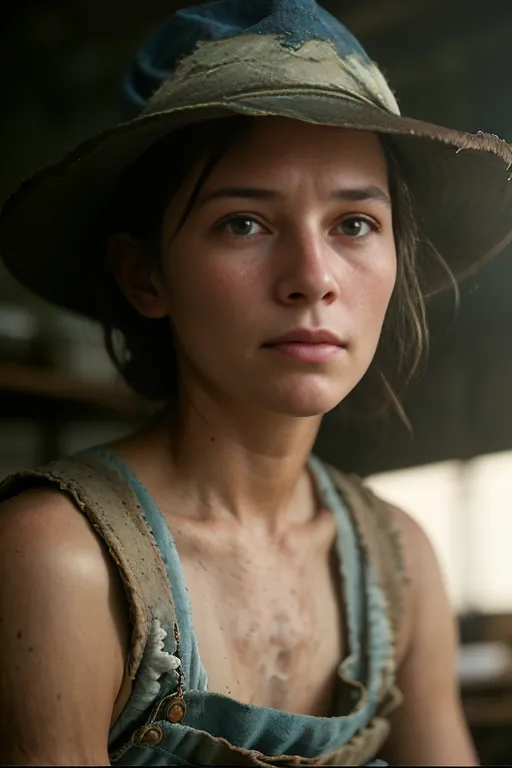 This image shows a young woman wearing a worn-out hat and a ragged vest. The woman's face is dirty and her hair is matted. She has a determined expression on her face. The background is a blur of a wooden wall.