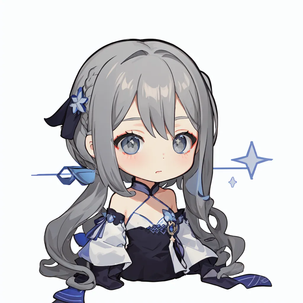 Gambar ini menunjukkan versi chibi dari Eula dari game Genshin Impact. Dia memiliki rambut abu-abu dan mata biru, serta mengenakan gaun hitam dan putih. Dia sedang duduk dengan tangan di pangkuannya, dan ada bintang kecil di sebelah kanannya.