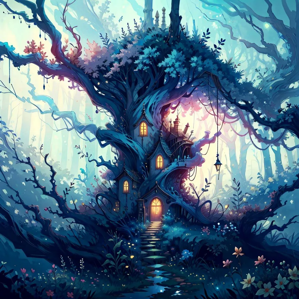 The image is a painting of a magical forest. There is a tree in the center of the forest that has a house built into it. The house is blue and has a red roof. The tree is very large and has many branches that reach out in all directions. The branches are covered in leaves and flowers. There is a path that leads up to the house and there are flowers and plants growing all around. The painting is very colorful and has a whimsical feel to it.