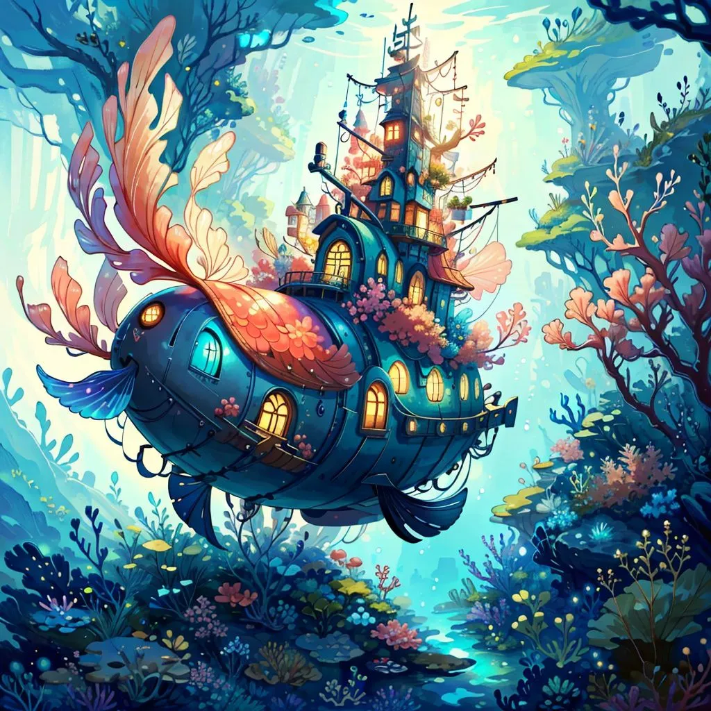 The image is a whimsical illustration of a fish-shaped submarine. The submarine is blue and orange with a large eye and a fin. It is surrounded by a colorful coral reef and various sea creatures. The submarine is also decorated with plants and flowers.