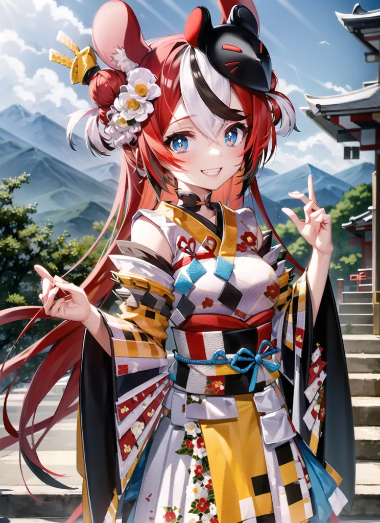 The image is of a young woman with long red and white hair. She is wearing a kimono with a yellow and white checkered pattern and a red and white obi. She has a black mask on the right side of her face and a pair of rabbit ears on her head. She is standing in a traditional Japanese garden with a red torii gate in the background.