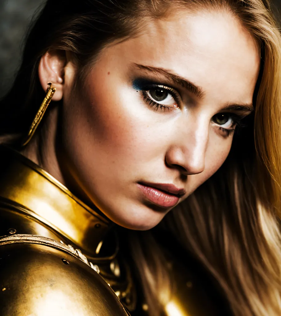 This is a photo of a young woman, with long blond hair and green eyes. She is wearing a gold-colored breastplate and has a serious expression on her face.