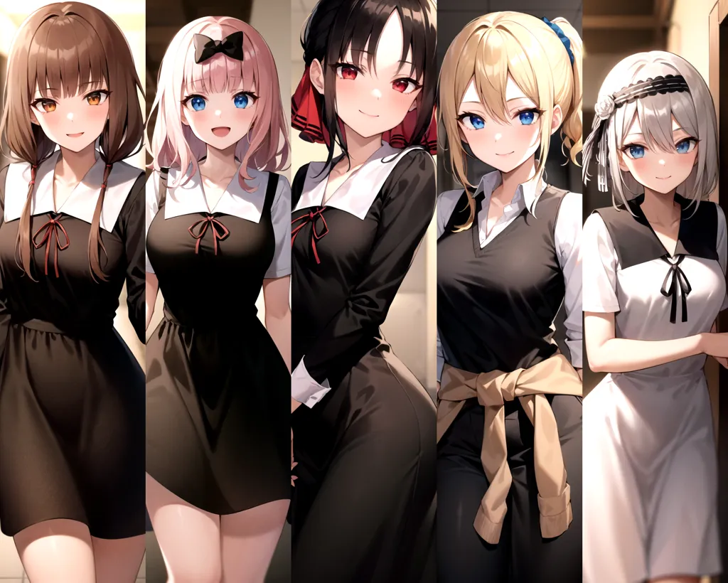 The image shows five young women standing in a row. They are all wearing the same black dresses with white collars. The woman on the left has brown hair and brown eyes. She is smiling. The woman next to her has pink hair and blue eyes. She is also smiling. The third woman has black hair and red eyes. She is looking at the viewer with a serious expression. The fourth woman has blonde hair and blue eyes. She is smiling. The woman on the right has white hair and blue eyes. She is looking at the viewer with a smug expression.