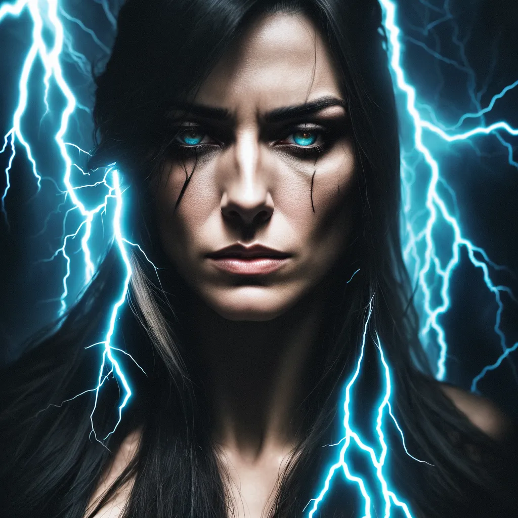 This image shows a woman, with an angry expression on her face, with glowing blue eyes and blue lightning bolts around her head. She has a black background and long black hair. She is wearing a dark colored outfit.