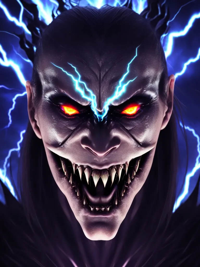 The image is a portrait of a vampire. The vampire has pale skin, red eyes, and sharp teeth. There are blue and white lightning bolts around the vampire's head. The vampire is looking at the viewer with an evil expression. The background is black.