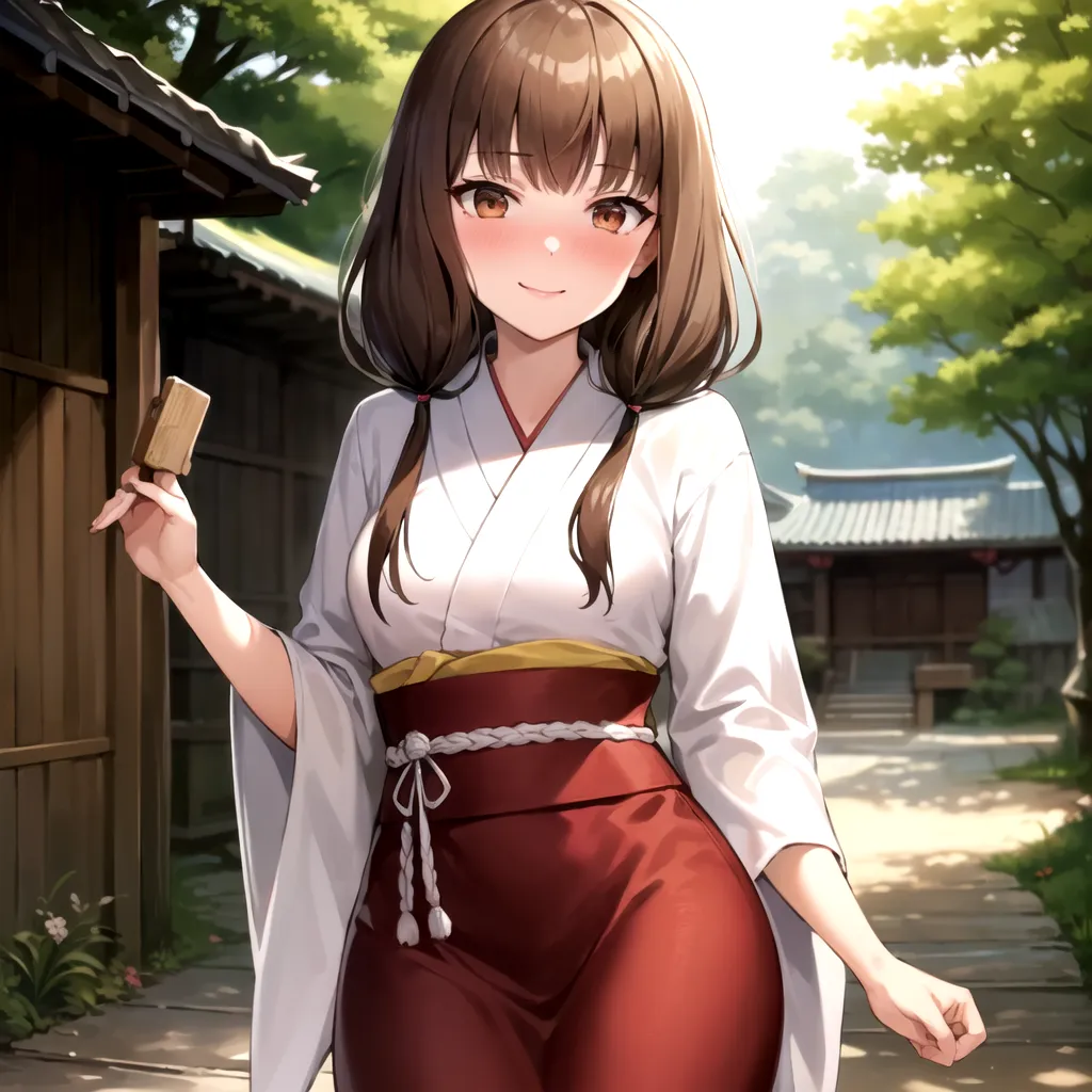 The image shows a young woman, with long brown hair and brown eyes, wearing a traditional Japanese kimono with a red skirt and white top. She is standing in a traditional Japanese house, with a wooden fence and trees in the background. She has a small smile on her face and is holding a small wooden block in her right hand.