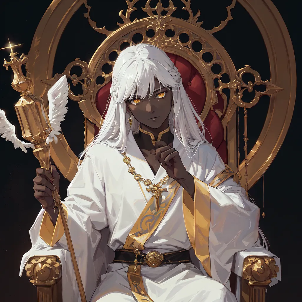 This is a picture of a person with dark skin and white hair sitting on a throne. They are wearing a white and gold robe with a gold crown on their head. They are holding a staff with a bird on top of it. They are sitting in front of a large window with a dark blue curtain. There is a gold frame around the window.