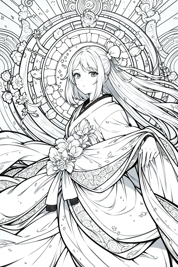 The image is a line drawing of a young woman in a kimono. She has long, flowing hair and is standing in front of a circular background with a floral pattern. The woman is wearing a kimono with a floral pattern and an obi sash. She is also wearing a number of hair ornaments and has a flower in her hair. The image is drawn in a realistic style and is very detailed.