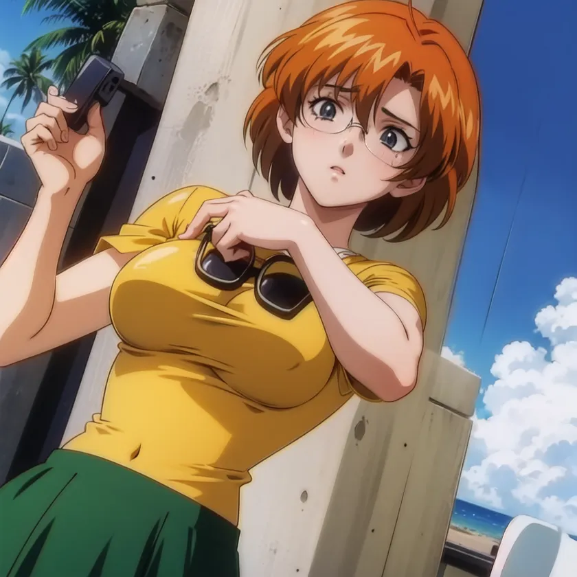 The image shows a young woman with orange hair and glasses. She is wearing a yellow shirt and a green skirt. She is holding a gun in her right hand and has the other hand on her glasses. She is standing in front of a blue sea with palm trees.