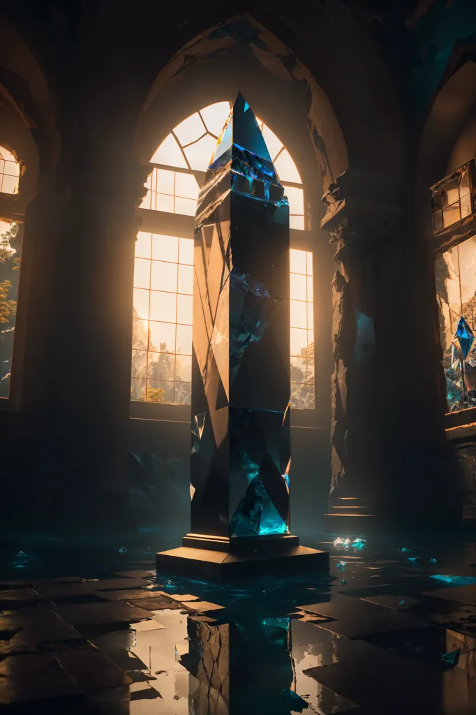 The image is a dark room with a large blue crystal in the center. The crystal is mounted on a black pedestal and is surrounded by water. There are two large windows on either side of the crystal, and the light from outside is shining in. The room is in ruins, with broken columns and debris everywhere.