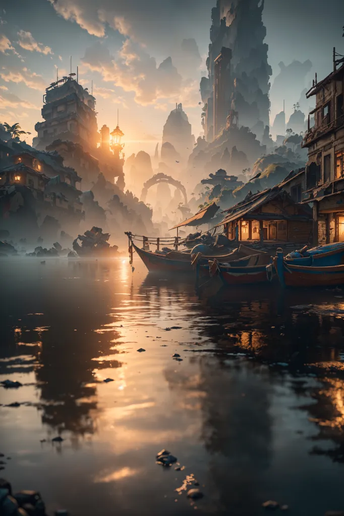 The image is a beautiful landscape of a city built on a river. The city is surrounded by tall mountains and cliffs, and the river flows through the middle of it. The water is calm and still, and the sky is a clear blue. There are a few boats docked along the shore. The city is made up of a variety of buildings, including houses, shops, and temples. The buildings are built close together, and the streets are narrow and winding. There are a few people walking around, and the city has a peaceful and relaxed atmosphere.