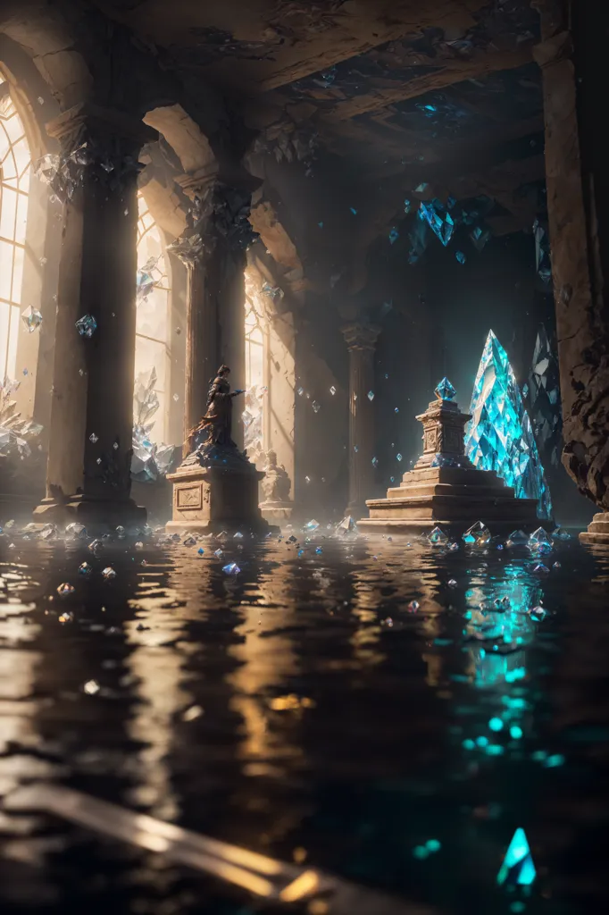 The image is a dark and mysterious hall. The floor is covered in water, and the walls are lined with tall columns. In the center of the hall is a statue of a woman. The statue is made of a blue crystal, and it is surrounded by a pool of water. The water is reflecting the light from the statue, and it is creating a beautiful and ethereal scene.