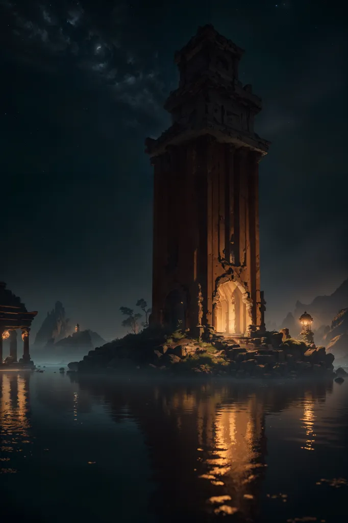 The image is a digital painting of a ruined tower. The tower is made of stone and has a large door at the front. It is surrounded by water. There are some trees and rocks on the shore. The sky is dark and there are some stars in the sky. The water is reflecting the light from the tower. The image is very atmospheric and has a sense of mystery.