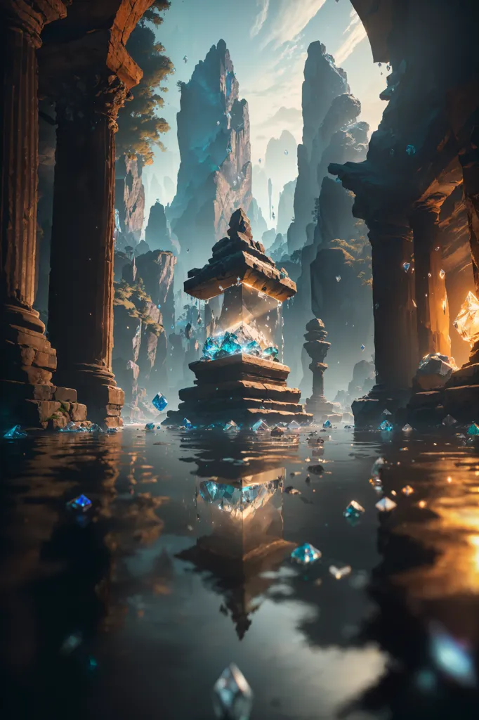 The image is a digital painting of a fantasy landscape. The scene is set in a ruined temple, with large stone columns and a broken altar. In the center of the temple is a floating crystal, which is surrounded by water. The water is reflecting the light from the crystal, creating a beautiful and ethereal scene. The temple is located in a valley, with high mountains in the background. The sky is blue and cloudy, and there is a sense of peace and tranquility in the air.