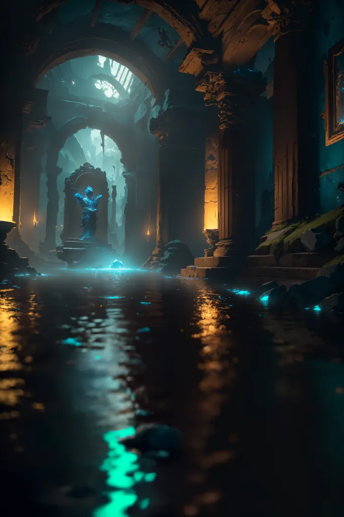 The image is a dark and mysterious temple. The floor is covered in water, and the walls are lined with columns. There is a statue of a woman in the center of the temple, and she is surrounded by candles. The light from the candles is reflected in the water, and it creates a beautiful and eerie scene.