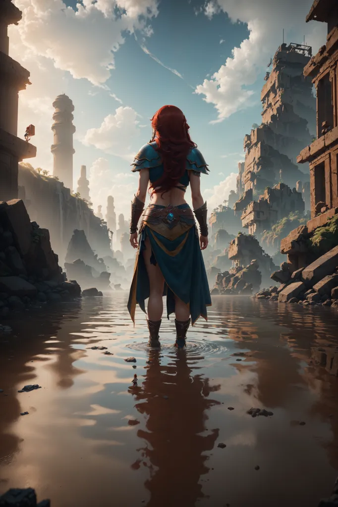 A woman standing in a river. She is wearing a blue skirt and a brown top. She has long red hair and is looking out at the ruined city. The water is murky. The sky is cloudy.