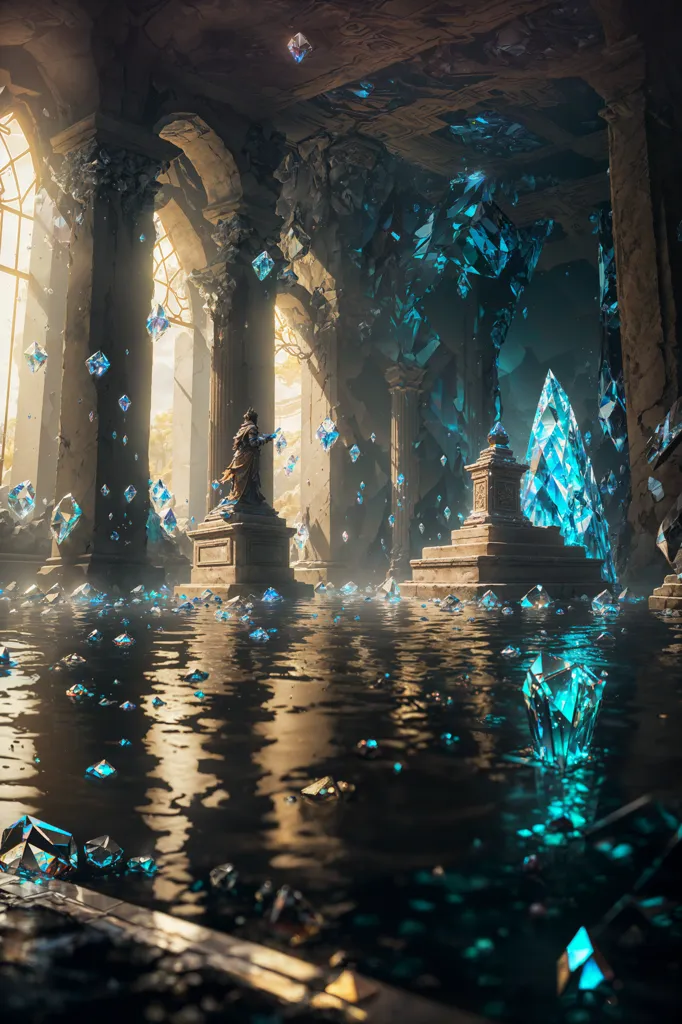 The image is a digital painting of a ruined hall. The hall is filled with water and blue crystals. There are broken columns and statues throughout the hall. The light from the windows is creating a beautiful reflection on the water.