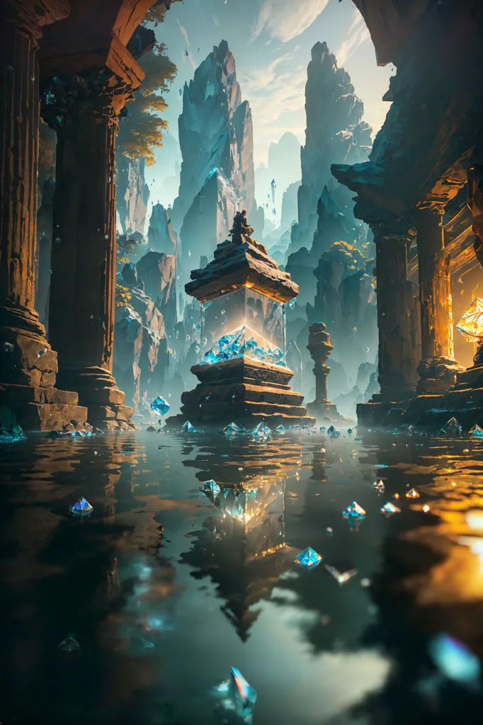 The image is a digital painting of a fantasy landscape. The scene is set in a ruined temple, with large stone columns and broken walls. In the center of the temple is a large, glowing crystal. The crystal is surrounded by water, and there are small crystals floating in the water. The walls of the temple are covered in strange carvings, and there are several large statues of unknown creatures standing in the corners of the room. The overall mood of the image is one of mystery and wonder.