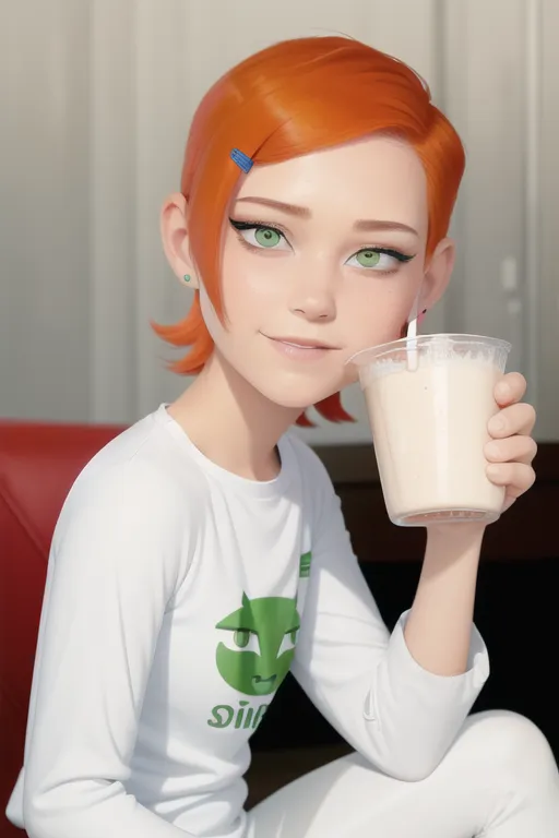 The image shows a young girl with red hair and green eyes. She is wearing a white shirt with a green alien on it. She is also wearing a blue hair clip and pearl earrings. She is holding a cup of milk in her right hand. She is sitting in a booth at a restaurant and appears to be waiting for someone.