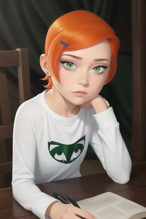 The image shows a young girl with orange hair and green eyes. She is wearing a white shirt with a green and black symbol on it. She is sitting at a desk, writing in a book. There is a stack of books and a pencil on the desk. The girl is looking at the camera with a thoughtful expression on her face.