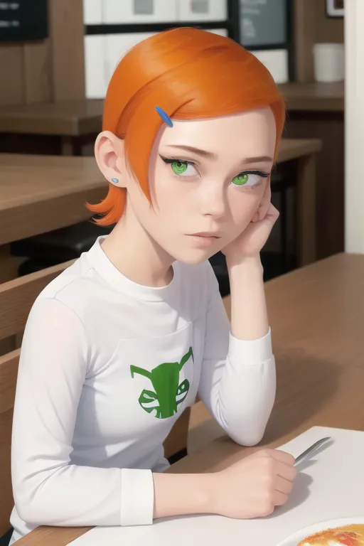 The image is of a young girl with orange hair and green eyes. She is wearing a white shirt with a green alien face on it. She is sitting at a table with a plate of food in front of her. She is resting her head on her hand and looking off to the side. She has a small blue hair clip in her hair and a blue stud earring in her left ear.