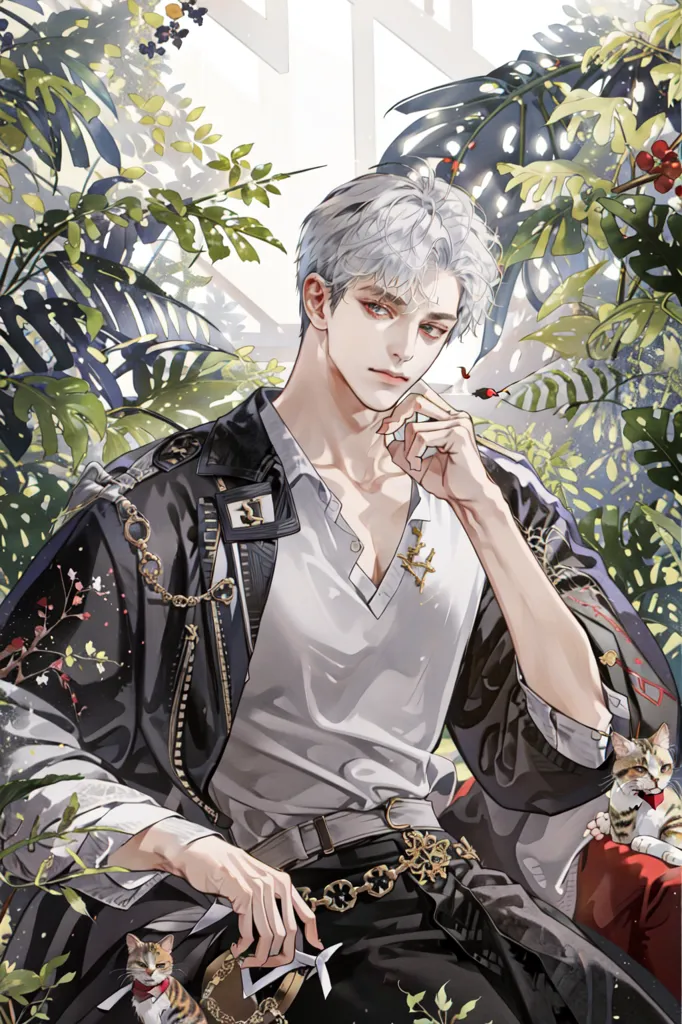 The image shows a handsome man with white hair and silver eyes. He is sitting in a chair in a lush garden. The man is wearing a white shirt, black pants, and a black jacket. He has a gold chain around his neck and a gold ring on his finger. The man is looking at a butterfly on his finger with a thoughtful expression on his face. There are two cats on the chair next to him.