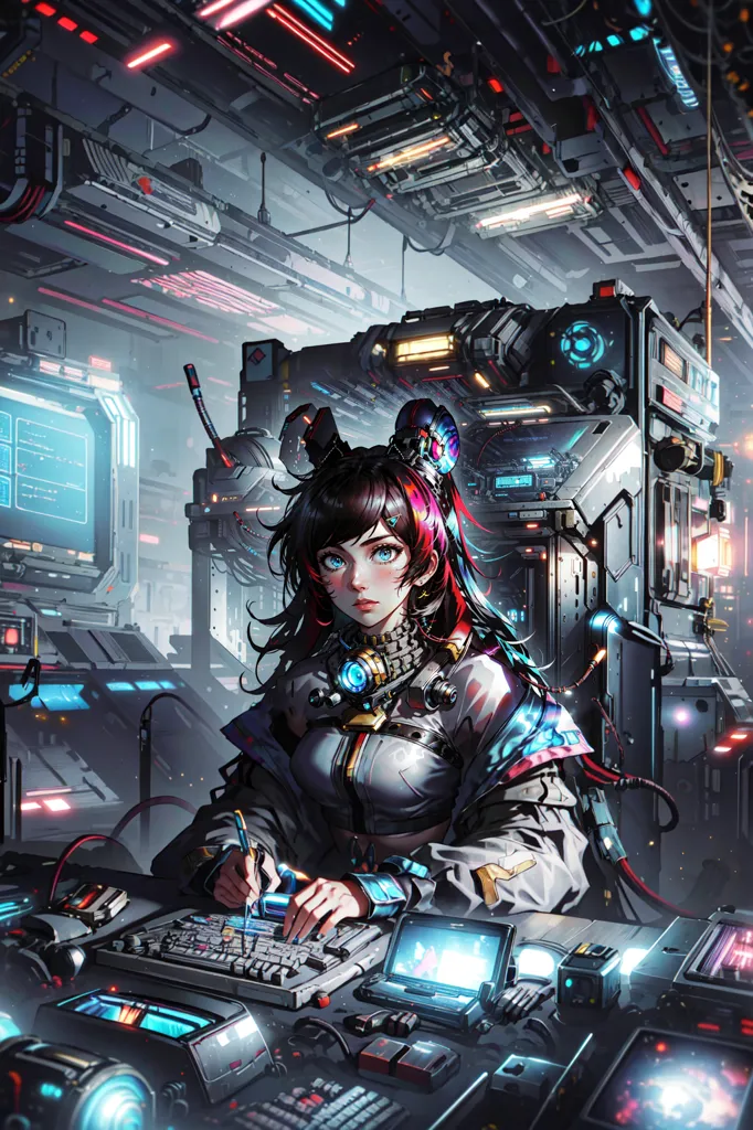 This is an image of a young woman sitting in a futuristic control room. She has long black and red hair. She is wearing a black and white outfit. She is sitting in a chair in front of a large computer console. She is typing on a keyboard with one hand and holding a stylus in the other hand. There are several monitors and other electronic devices on the console. The room is full of machinery and electronic equipment.