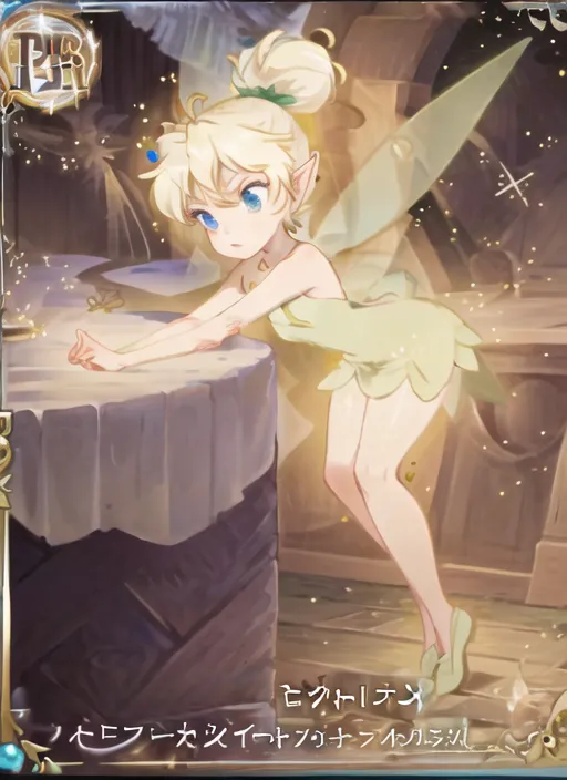 The image shows a fairy with blond hair and blue eyes. She is wearing a green dress and has a pair of wings on her back. She is standing on a table and looking at something. There are some books and a quill on the table. The background is a blurred image of a library.