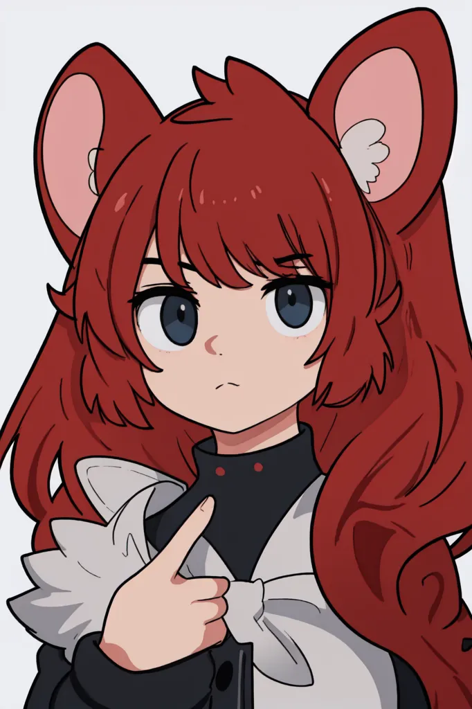 The image shows a girl with red hair and eyes, and mouse ears. She is wearing a black and white maid outfit, and has a serious expression on her face. She is pointing to the right with her right hand.